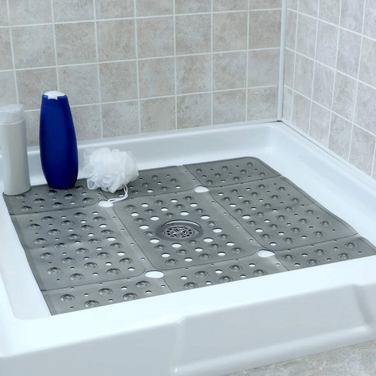 SlipX Solutions Extra Large Square Shower Mat 27"x27" Non-Slip Stall Mat for Elderly & Kids Standing Bath Tub Mat Machine Washable Suction Cups Translucent Gray